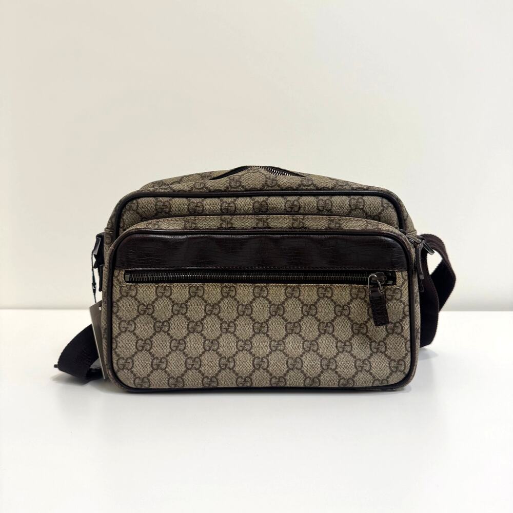 GUCCI GG Supreme Logo Leather Trim Messenger Bag Brown Tan Canvas Crossbody
